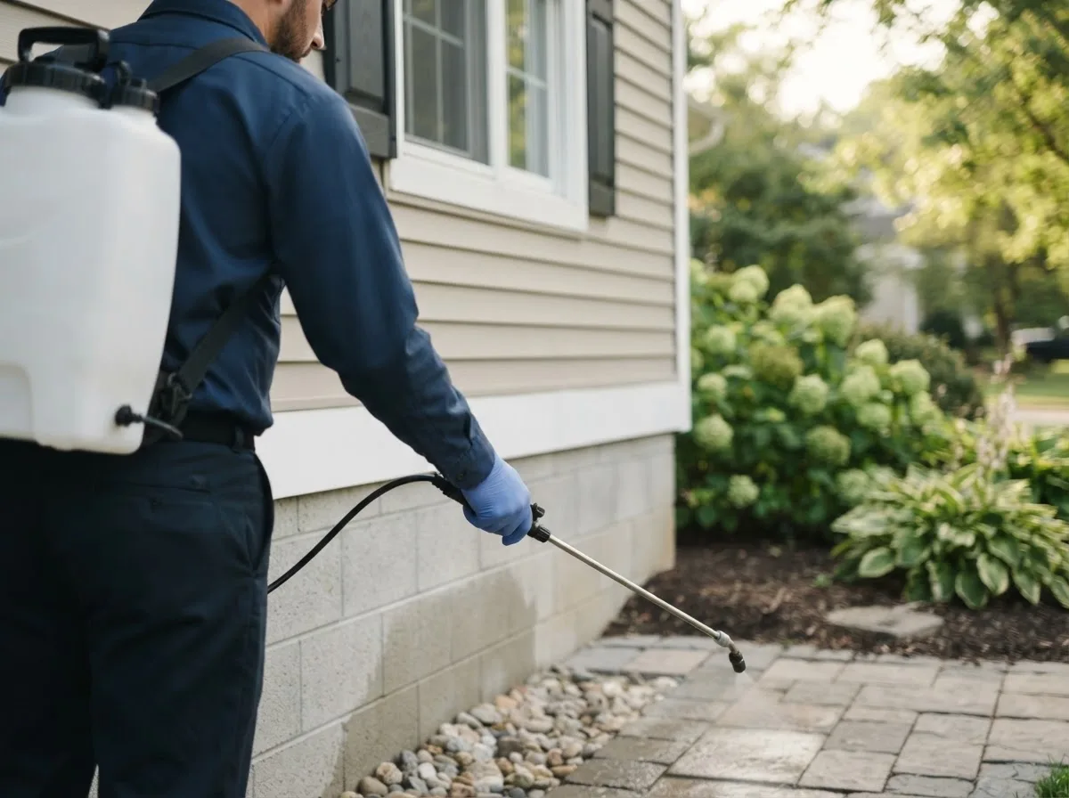 Pest control technician inspecting a home in Joffre, PA